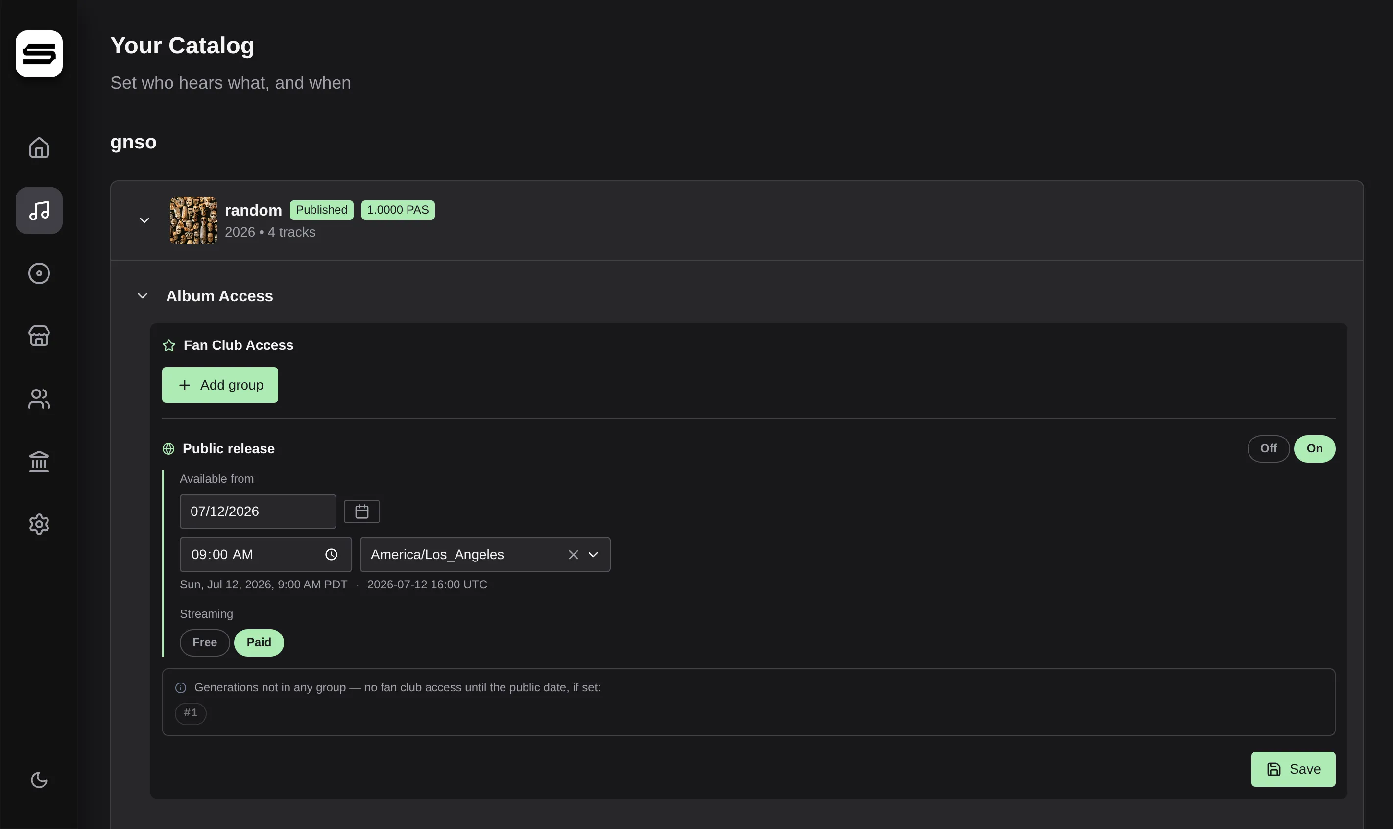 The Catalog page of the Station artist dashboard.