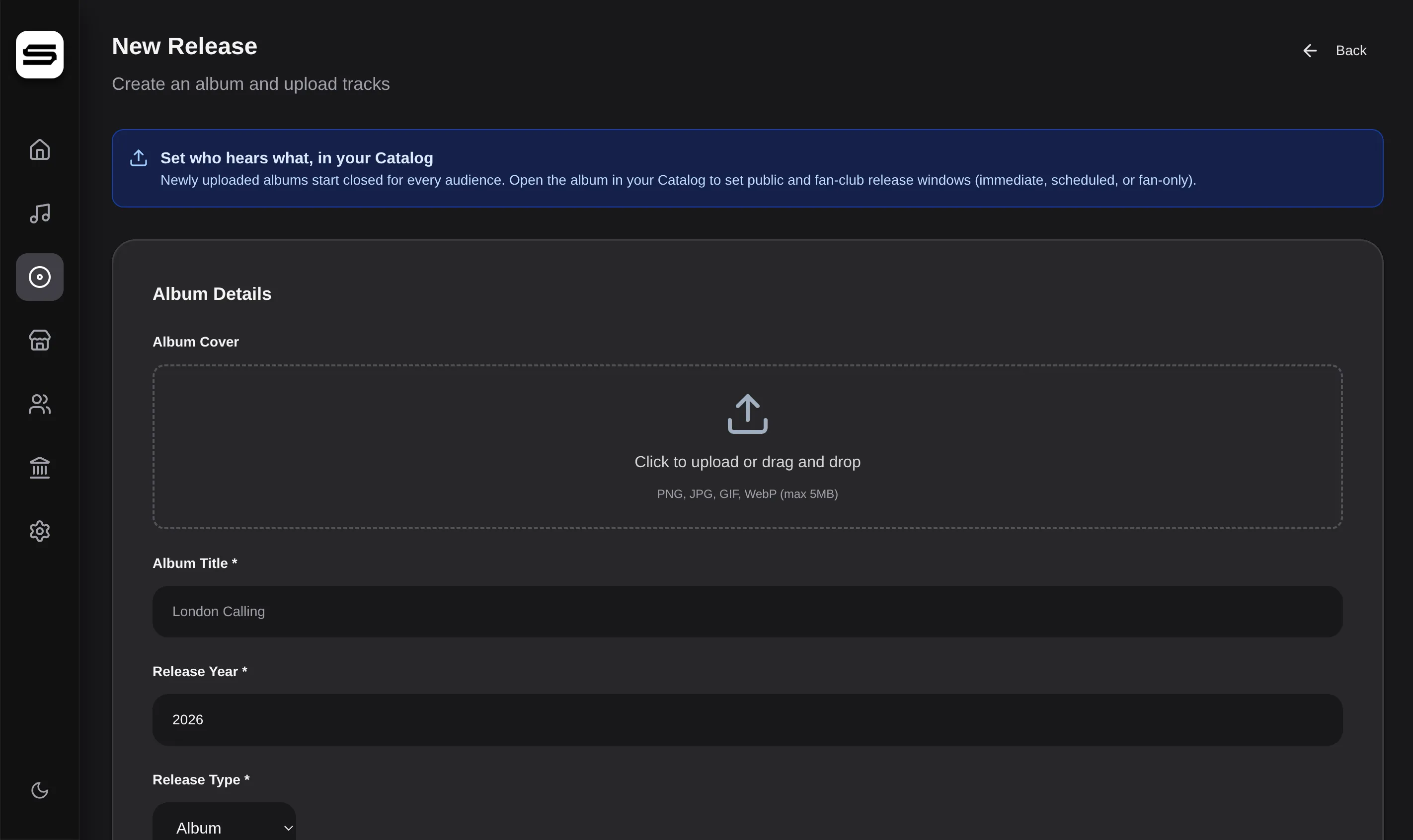 The New Release page of the Station artist dashboard.