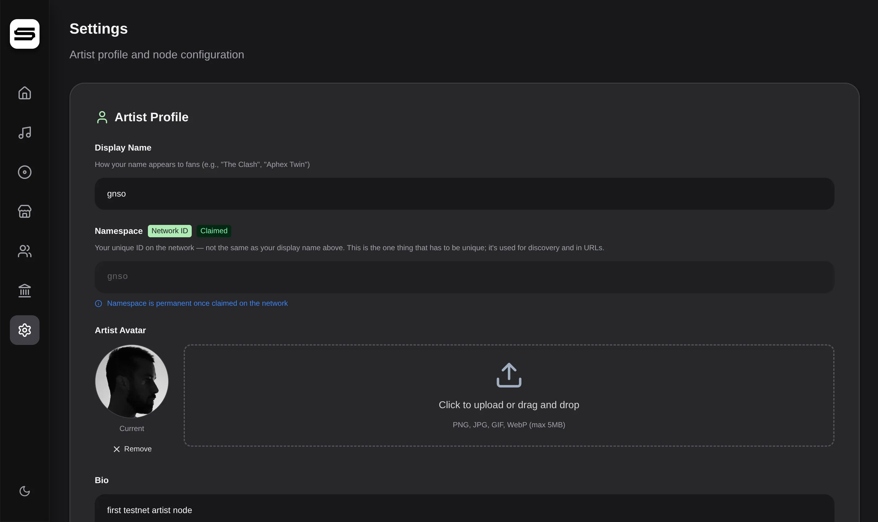 The Settings page of the Station artist dashboard.