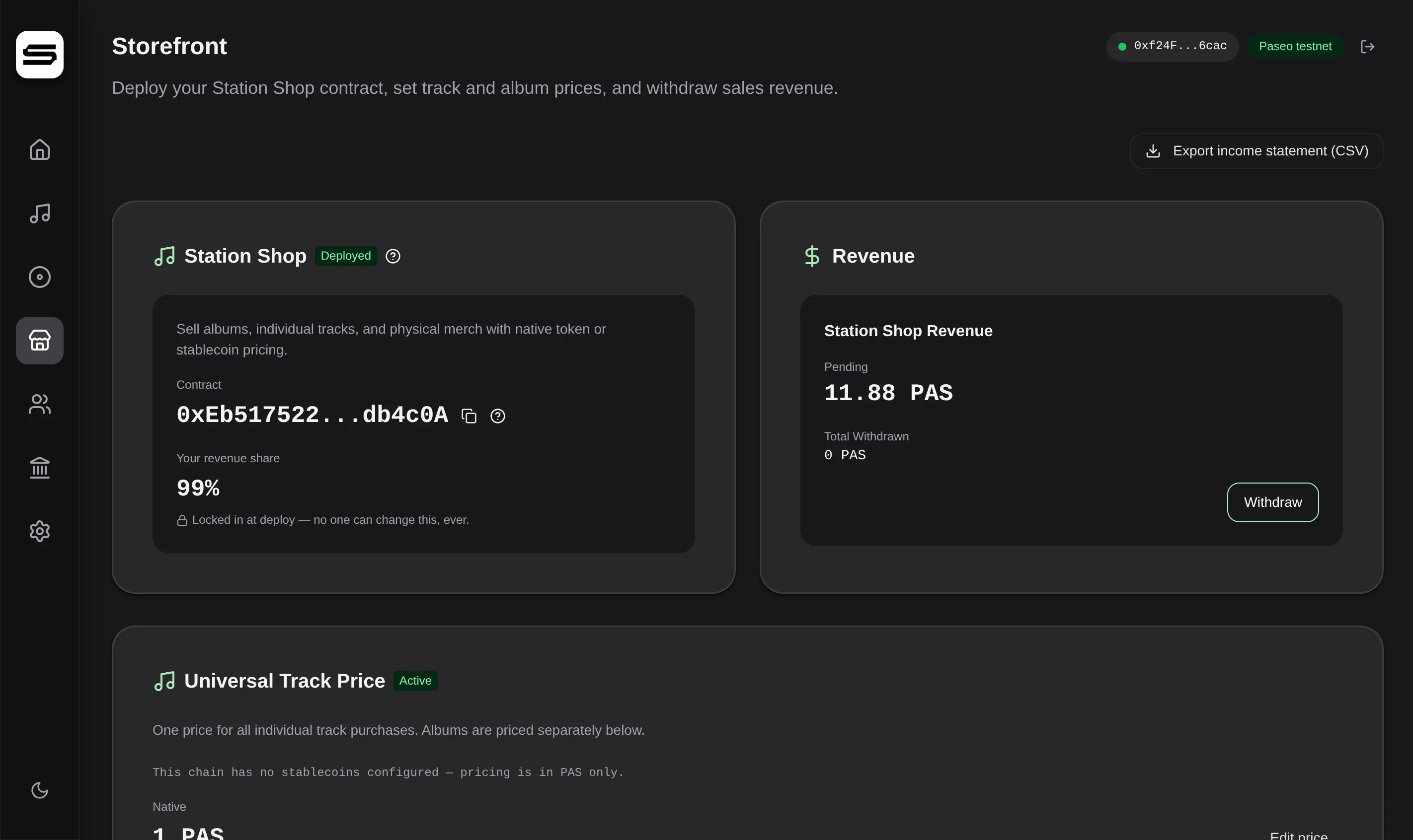 The Storefront page of the Station artist dashboard.