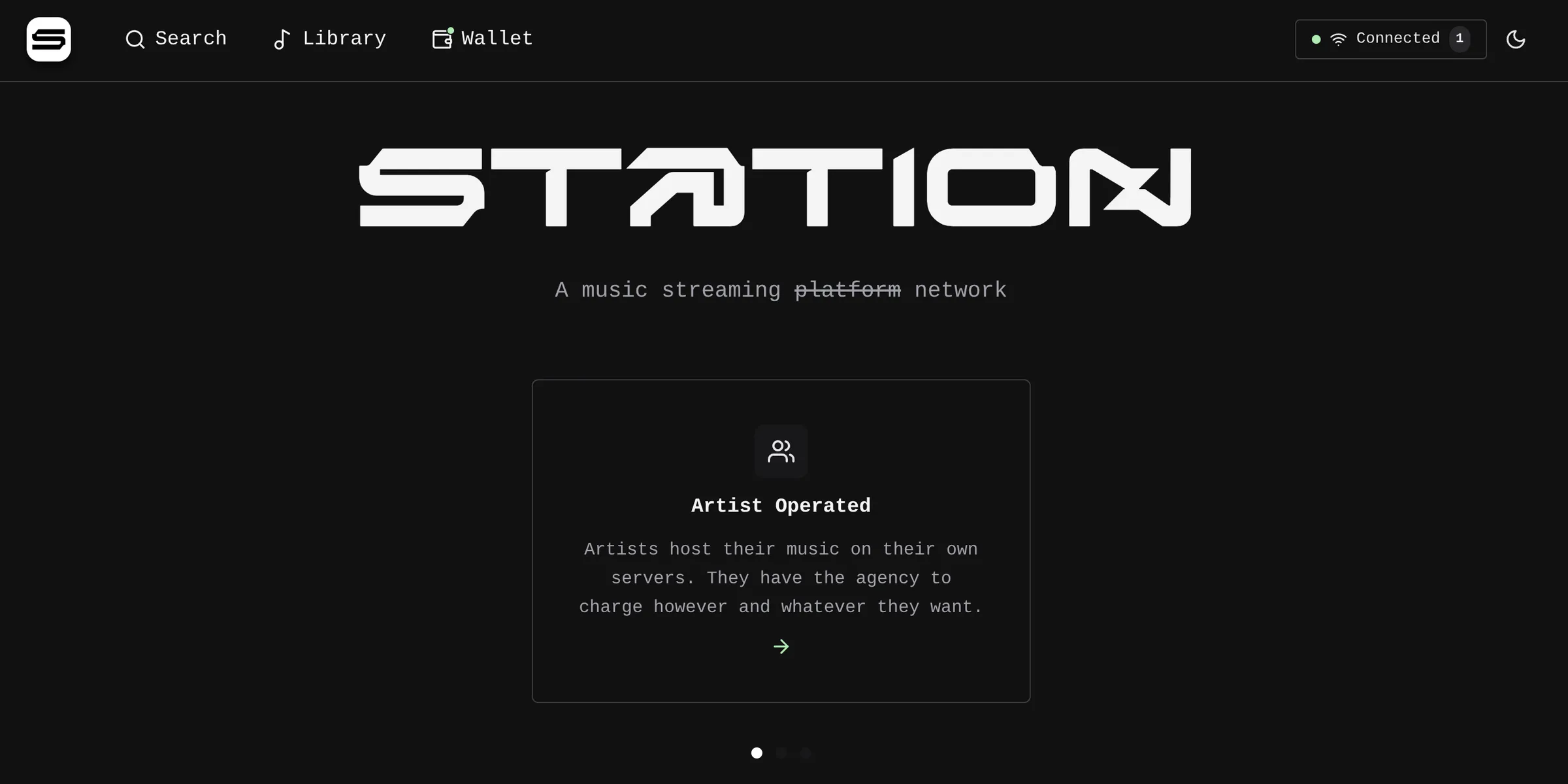 The qnch listener app: a dark interface with Search, Library and Wallet in the header, the Station wordmark, and a card reading Artist Operated.